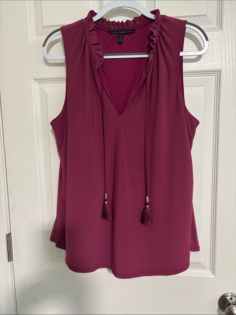 White House Black Market Sleeveless Tassel Ruffle V-Neck Top - Wine
